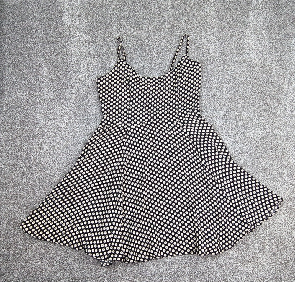 Spaghetti Strap Sun Dress Women Medium Midi Black Floral Lace-Up Side-Zip Daisy